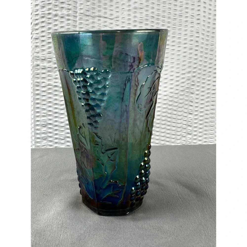 Vintage Indiana Harvest Blue Carnival Glass Tumbler Embossed Grapes‎ Leaves